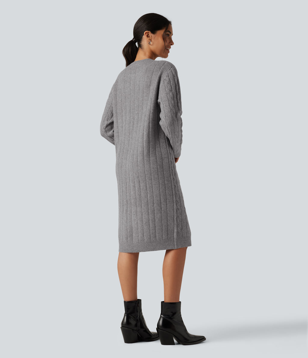 Round Neck Long Sleeve Midi Work Dress — Gull Gray — view 2