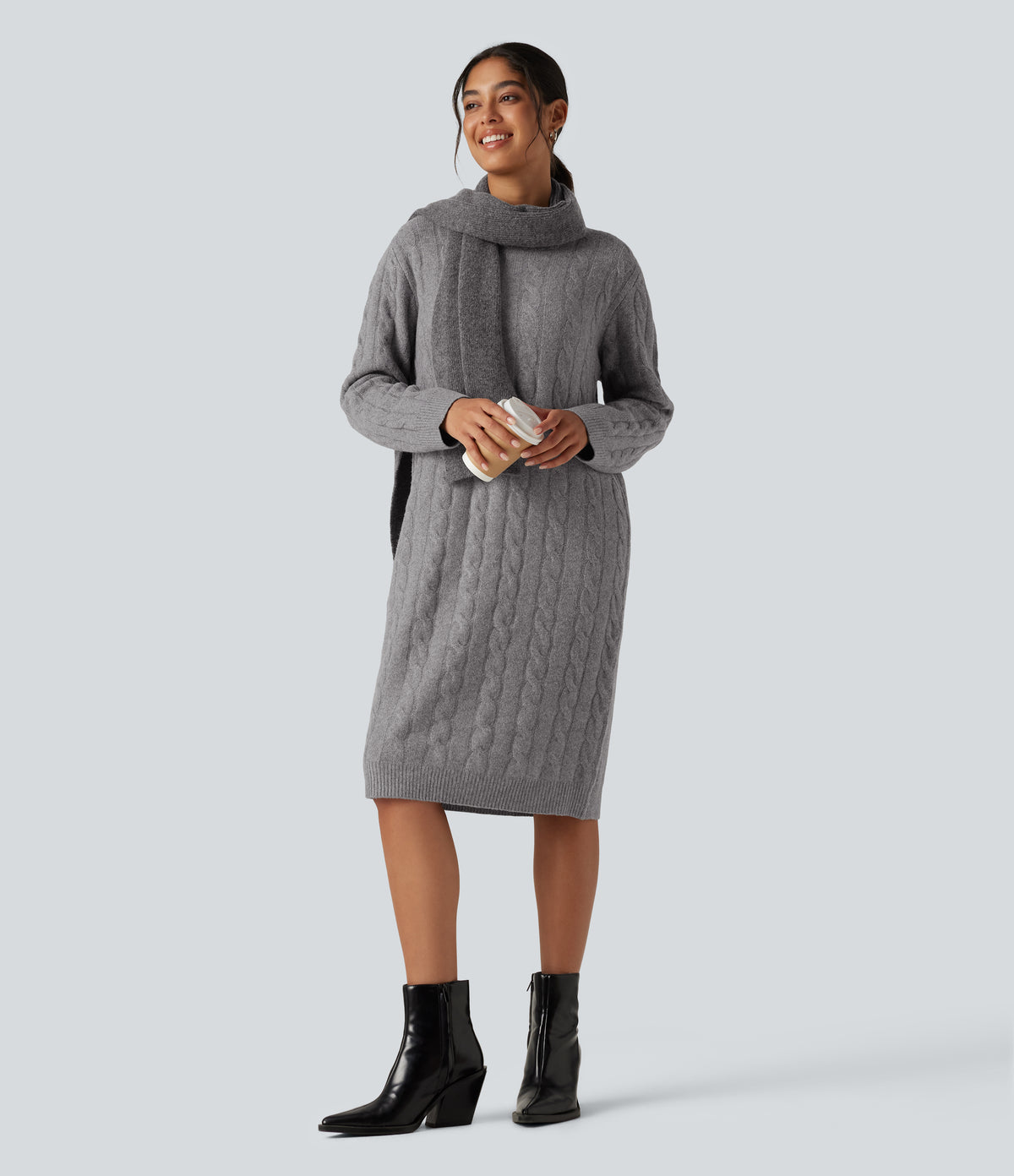 Round Neck Long Sleeve Midi Work Dress — Gull Gray — view 6