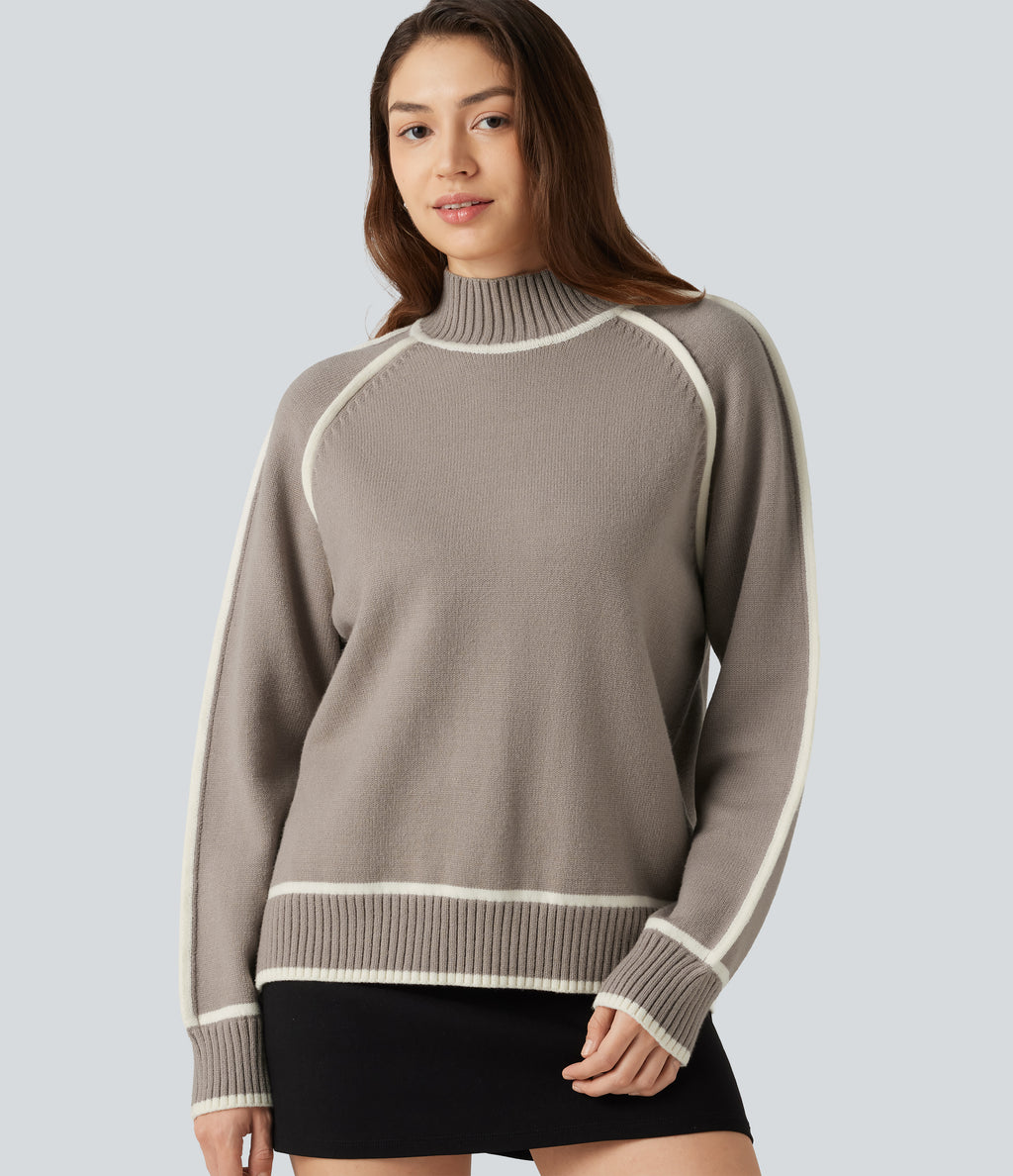 Mock Neck Raglan Long Sleeve Color Block Work Jumper — Simply Taupe — view 1