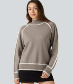Mock Neck Raglan Long Sleeve Color Block Work Jumper — Simply Taupe — view 1