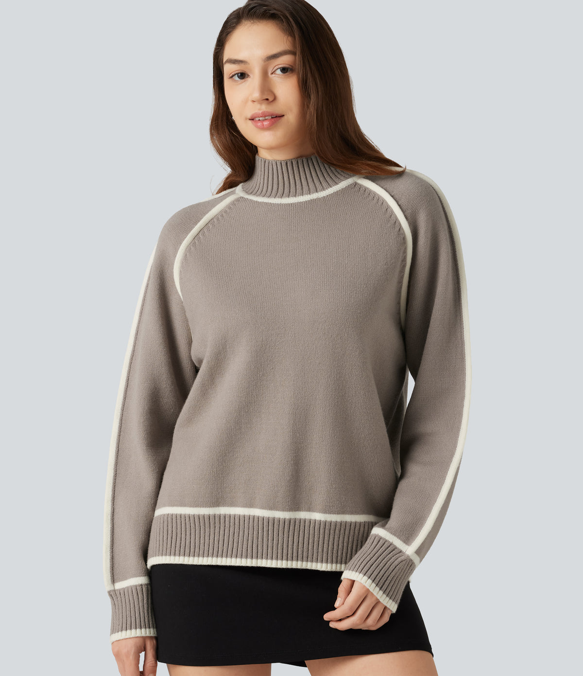 Mock Neck Raglan Long Sleeve Color Block Work Jumper — Simply Taupe — view 1