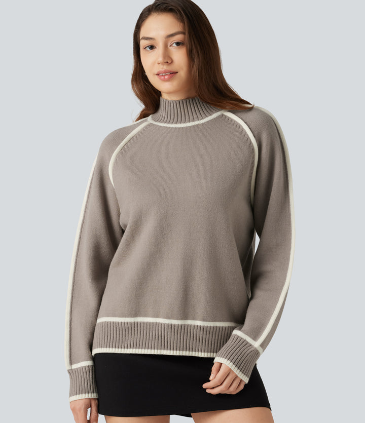 Mock Neck Raglan Long Sleeve Color Block Work Jumper — Simply Taupe — view 1