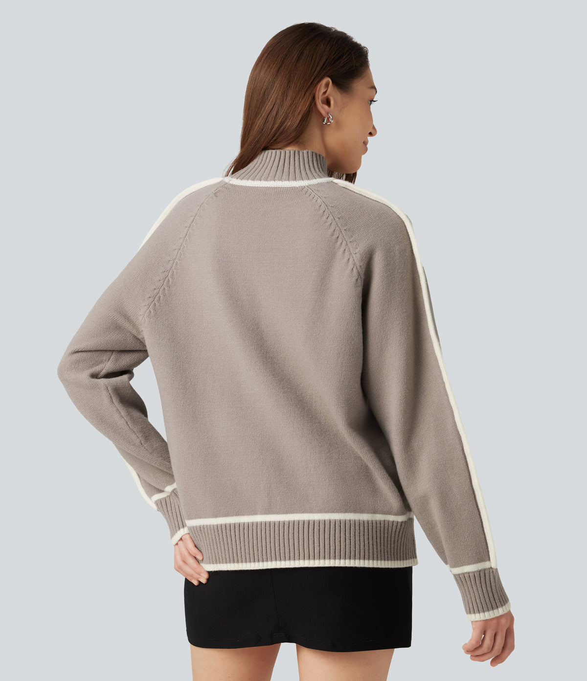 Mock Neck Raglan Long Sleeve Color Block Work Jumper — Simply Taupe — view 2