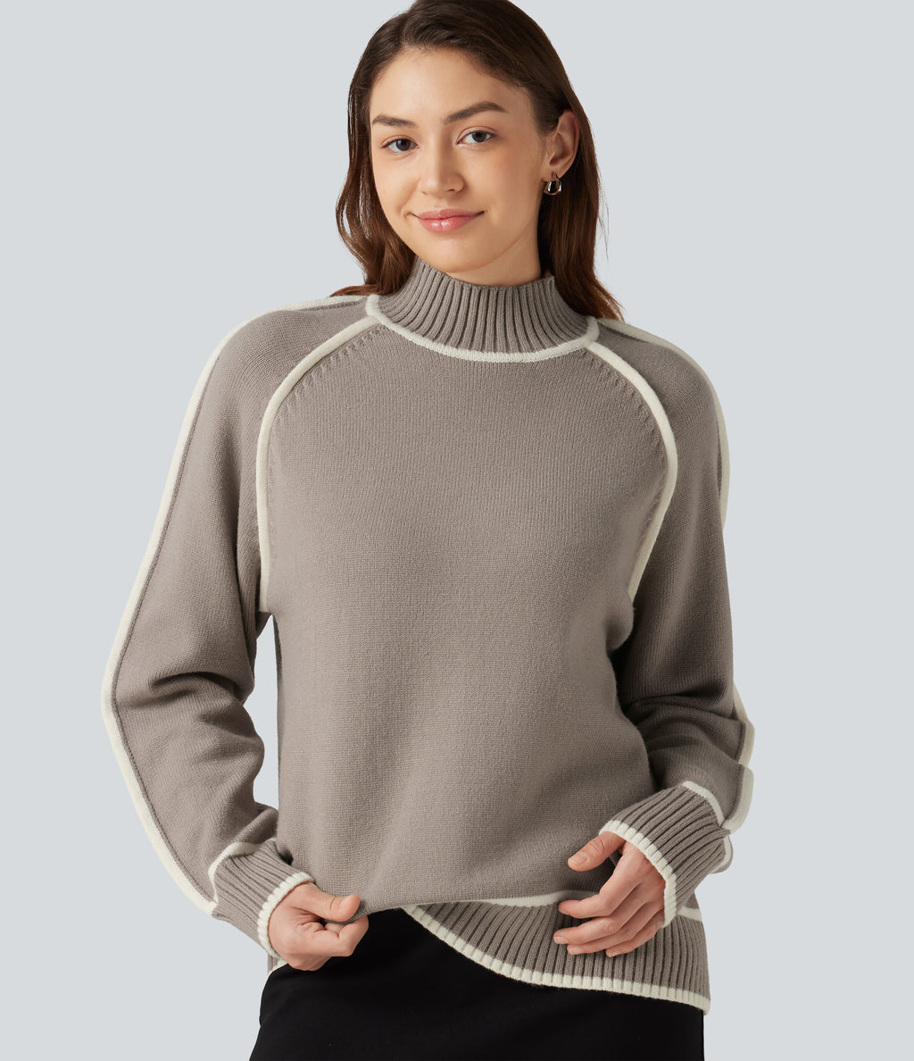 Mock Neck Raglan Long Sleeve Color Block Work Jumper — Simply Taupe — view 5