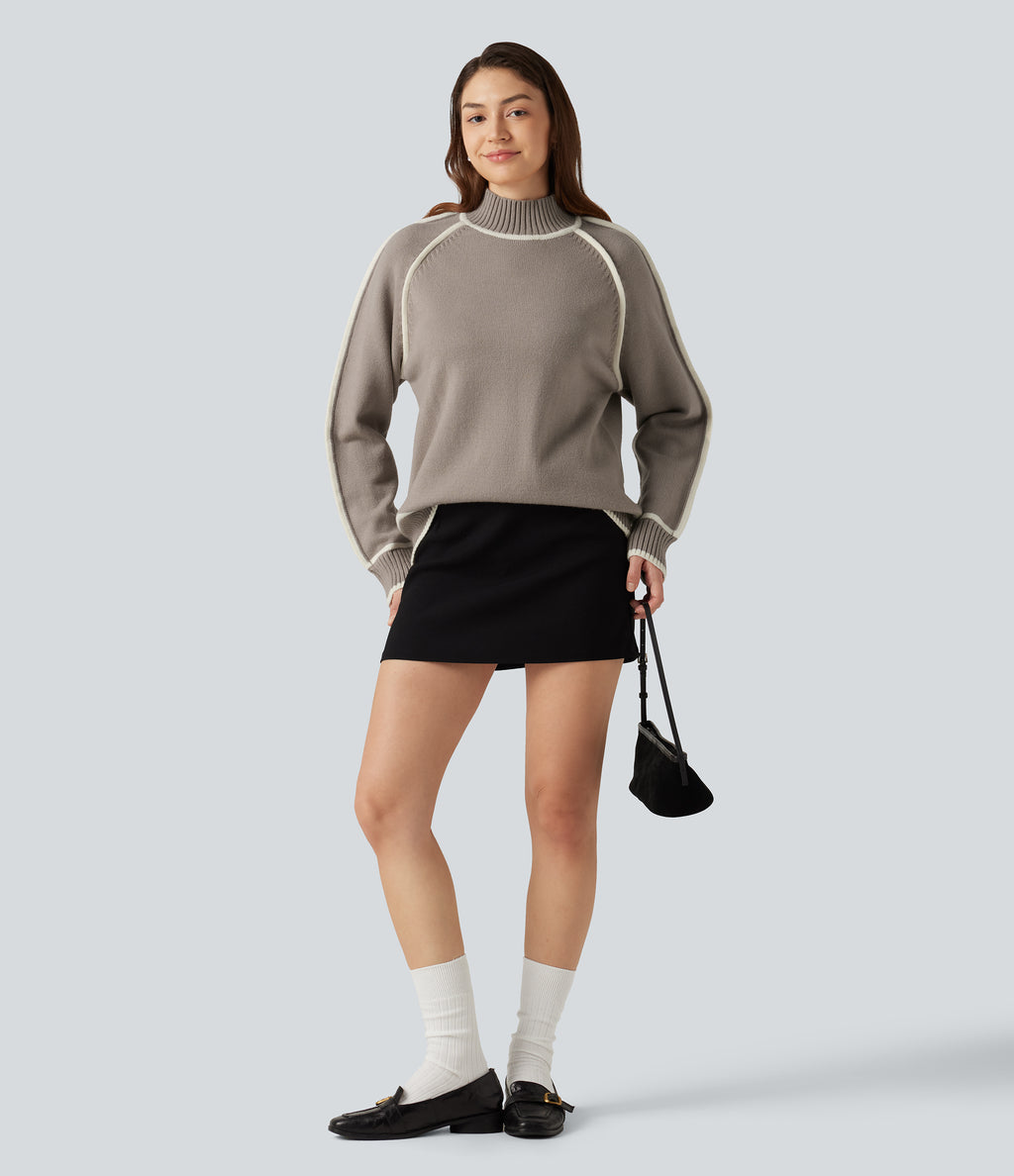 Mock Neck Raglan Long Sleeve Color Block Work Jumper — Simply Taupe — view 7