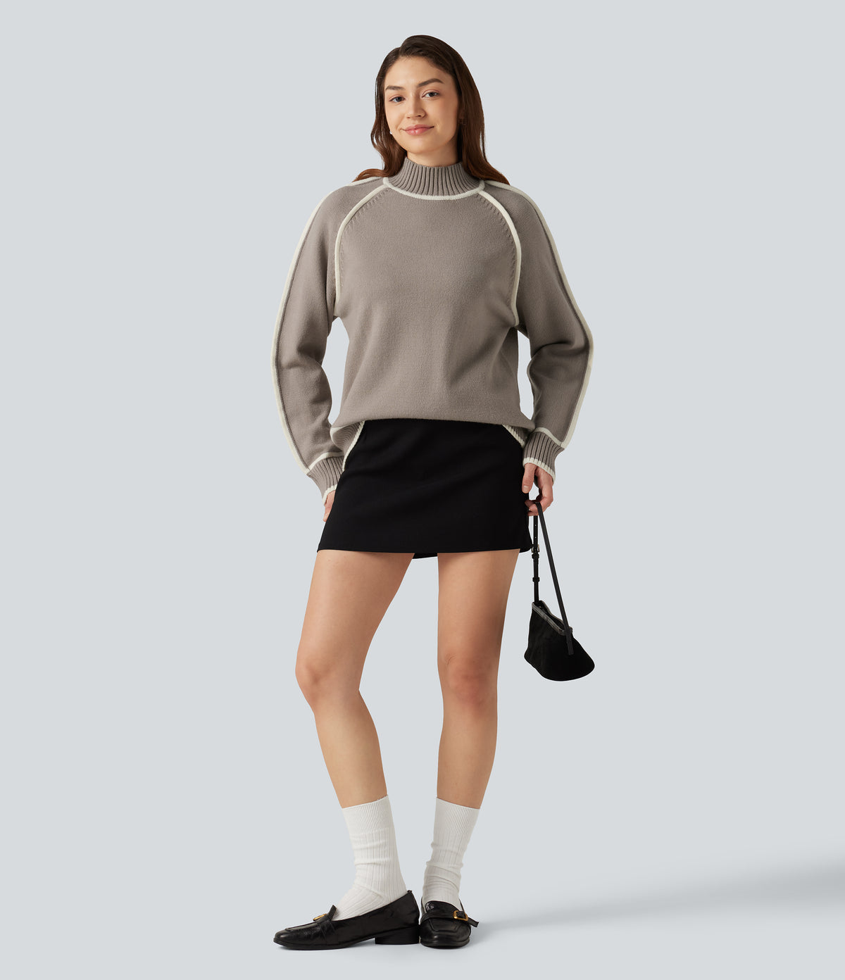 Mock Neck Raglan Long Sleeve Color Block Work Jumper — Simply Taupe — view 7