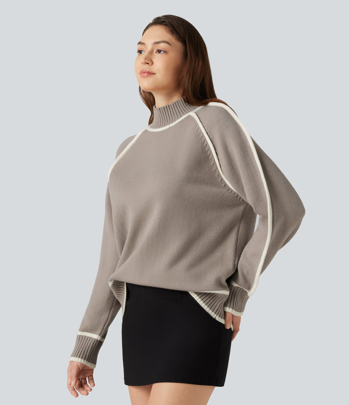 Mock Neck Raglan Long Sleeve Color Block Work Jumper — Simply Taupe — view 3