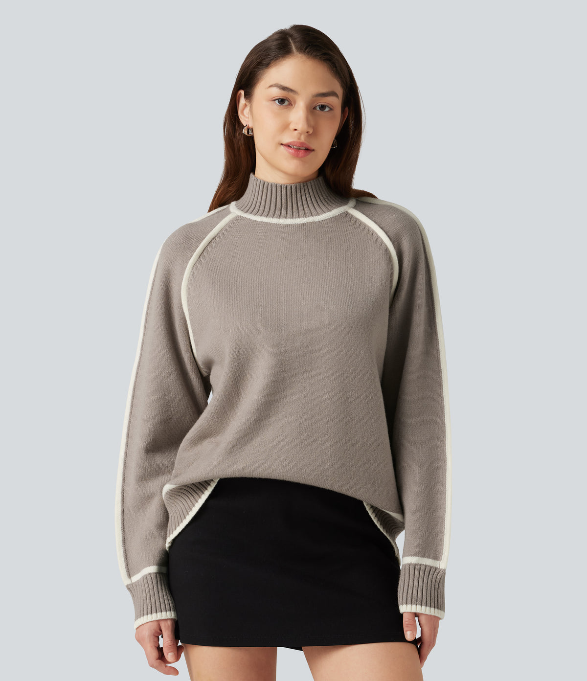 Mock Neck Raglan Long Sleeve Color Block Work Jumper — Simply Taupe — view 4