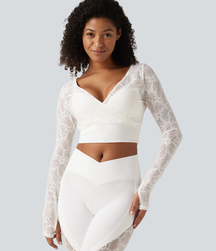 Deep V Neck Long Sleeve Contrast Lace Yoga Sports Top — White — view 1