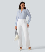 V Neck Long Sleeve Stripe Work Linen-Feel Blouse — Seven Seas - Nautical Blue & White Stripes — view 6