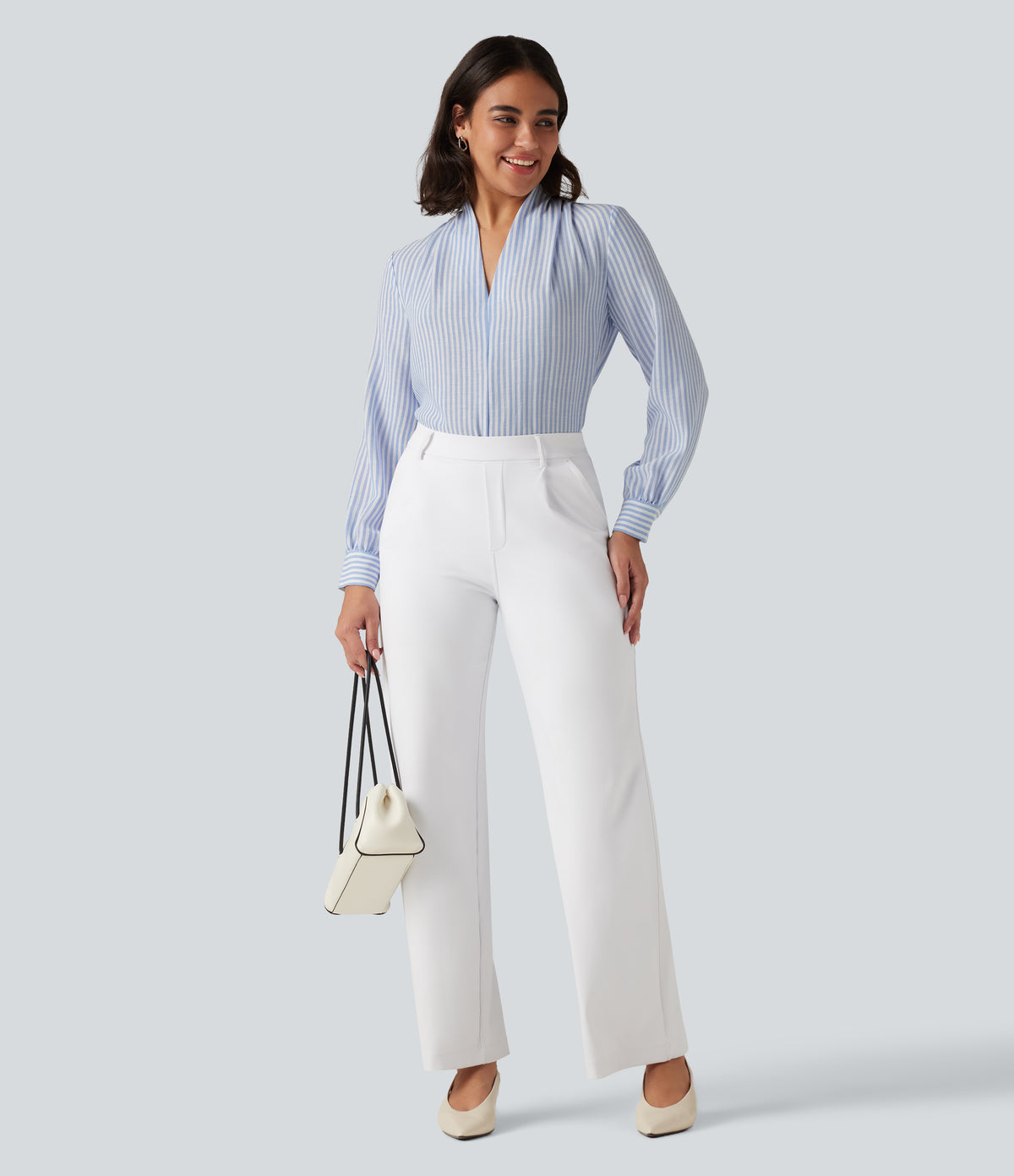 V Neck Long Sleeve Stripe Work Linen-Feel Blouse — Seven Seas - Nautical Blue & White Stripes — view 6