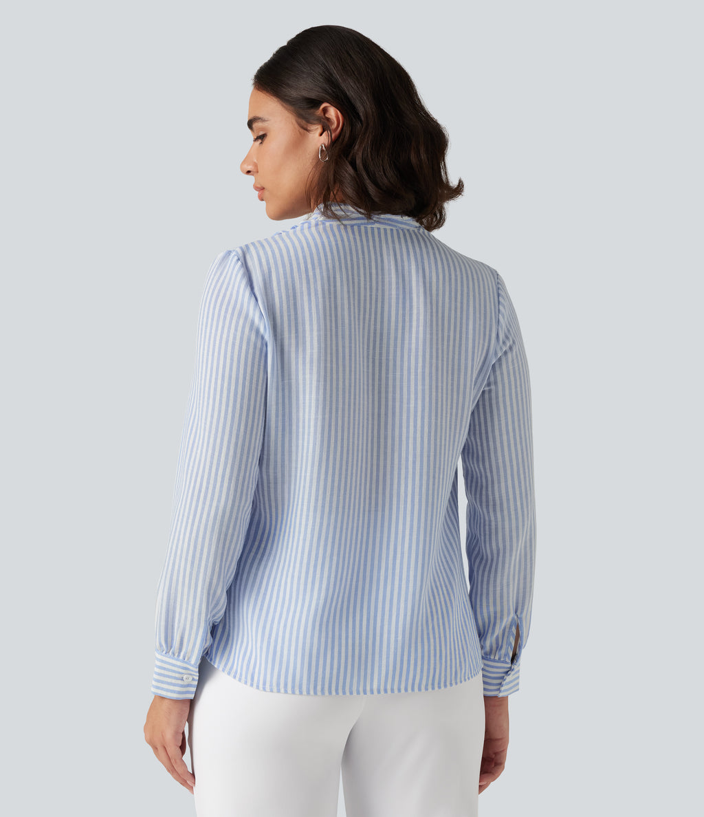 V Neck Long Sleeve Stripe Work Linen-Feel Blouse — Seven Seas - Nautical Blue & White Stripes — view 2