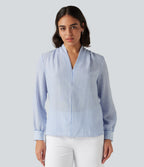 V Neck Long Sleeve Stripe Work Linen-Feel Blouse — Seven Seas - Nautical Blue & White Stripes — view 4