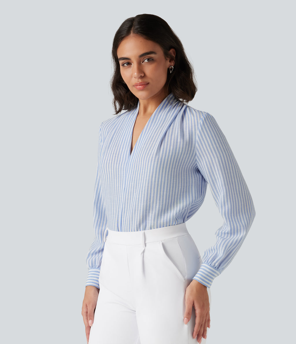 V Neck Long Sleeve Stripe Work Linen-Feel Blouse — Seven Seas - Nautical Blue & White Stripes — view 3