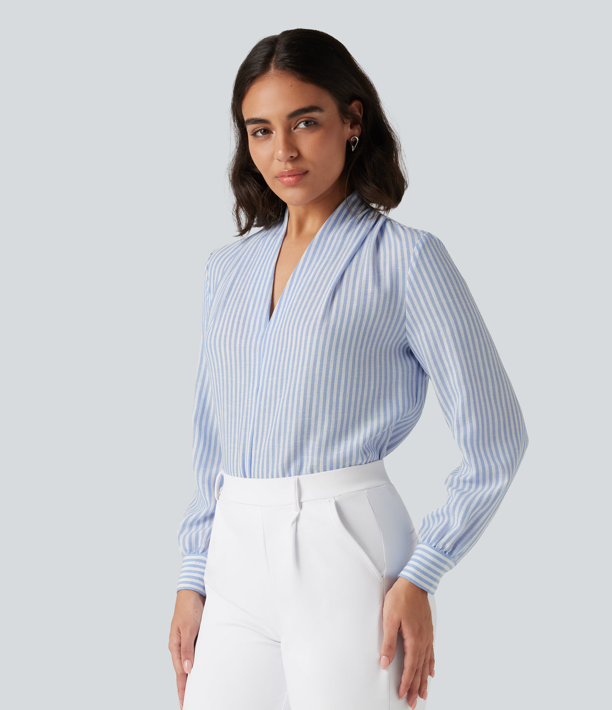 V Neck Long Sleeve Stripe Work Linen-Feel Blouse — Seven Seas - Nautical Blue & White Stripes — view 3