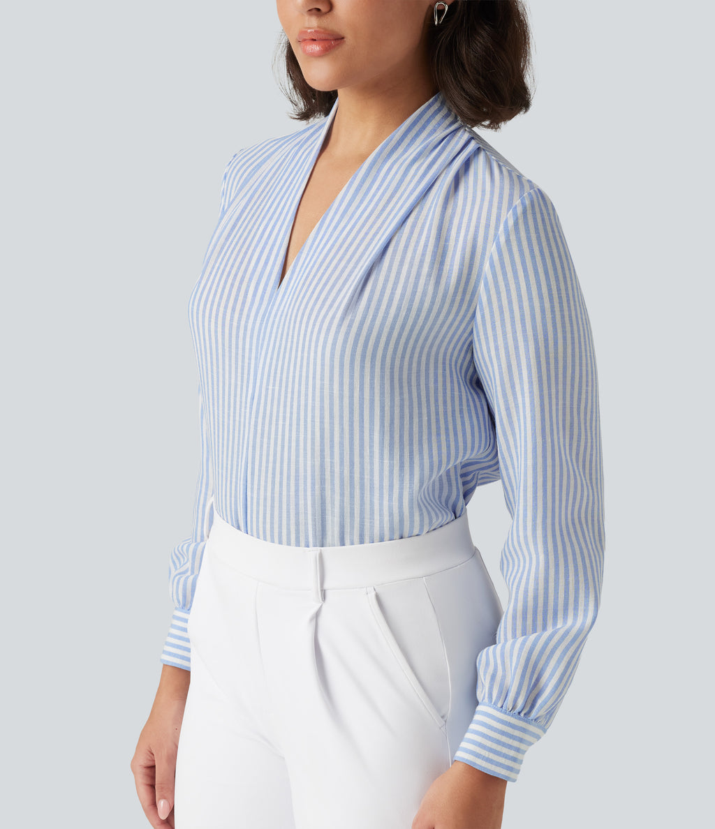 V Neck Long Sleeve Stripe Work Linen-Feel Blouse — Seven Seas - Nautical Blue & White Stripes — view 5