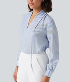 V Neck Long Sleeve Stripe Work Linen-Feel Blouse — Seven Seas - Nautical Blue & White Stripes — view 5
