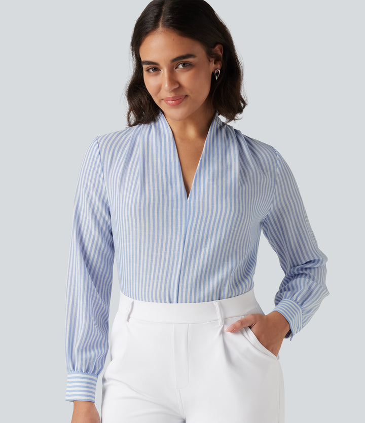 V Neck Long Sleeve Stripe Work Linen-Feel Blouse — Seven Seas - Nautical Blue & White Stripes — view 1