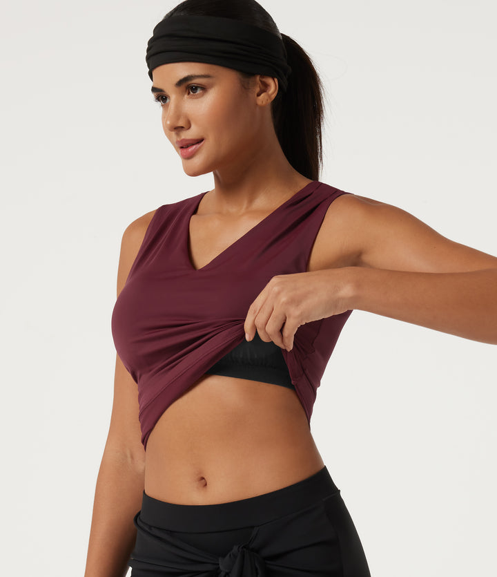 V Neck Ruched InstantCool Quick Dry Built-in Bra Yoga Sports Top — Deep Wine — view 1