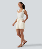 Mid Rise Drawstring 2-in-1 Wide Leg Contrast Lace Casual Shorts 4" with Pockets — Marshmallow — view 6
