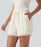 Mid Rise Drawstring 2-in-1 Wide Leg Contrast Lace Casual Shorts 4" with Pockets — Marshmallow — view 3