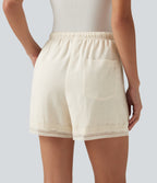 Mid Rise Drawstring 2-in-1 Wide Leg Contrast Lace Casual Shorts 4" with Pockets — Marshmallow — view 4