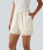 Mid Rise Drawstring 2-in-1 Wide Leg Contrast Lace Casual Shorts 4" with Pockets — Marshmallow — view 5