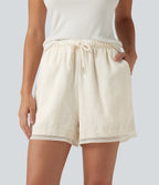 Mid Rise Drawstring 2-in-1 Wide Leg Contrast Lace Casual Shorts 4" with Pockets — Marshmallow — view 1