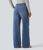 Mid Rise Wide Leg Casual Jeans with Pockets — Blue Jasper Denim — view 2