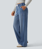Mid Rise Wide Leg Casual Jeans with Pockets — Blue Jasper Denim — view 3