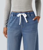 Mid Rise Wide Leg Casual Jeans with Pockets — Blue Jasper Denim — view 4