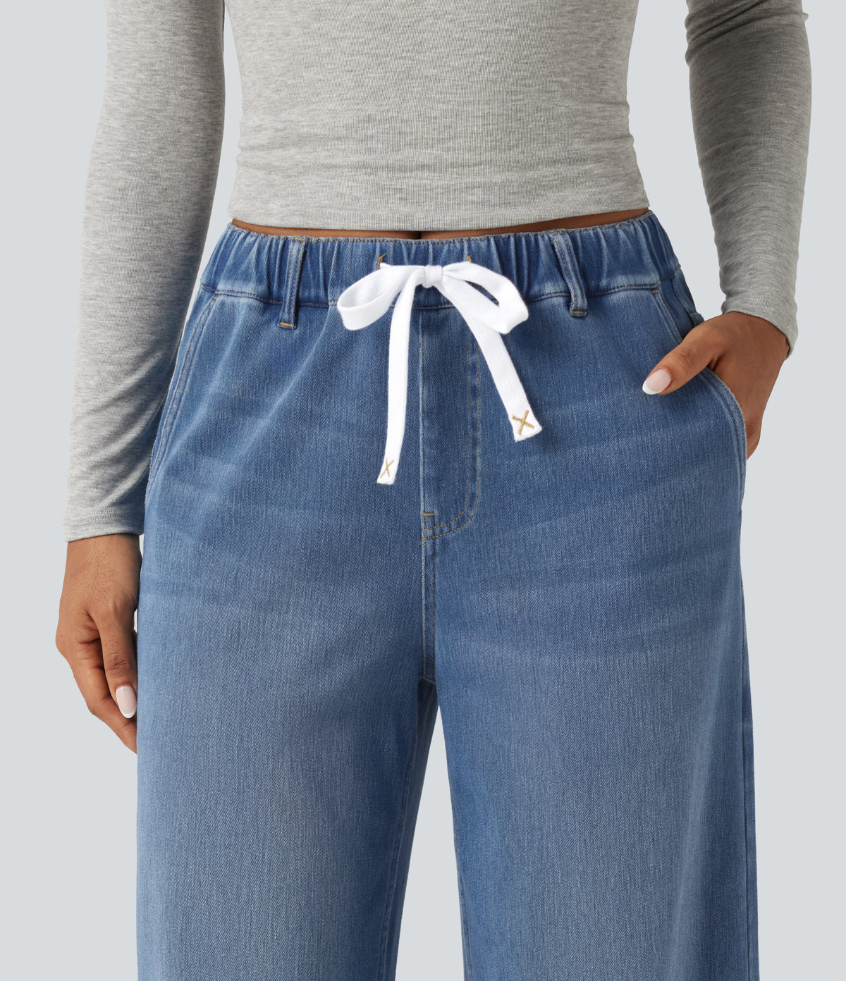 Mid Rise Wide Leg Casual Jeans with Pockets — Blue Jasper Denim — view 4