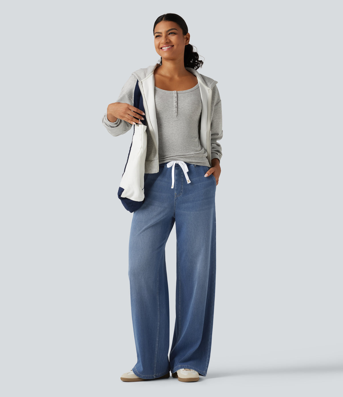 Mid Rise Wide Leg Casual Jeans with Pockets — Blue Jasper Denim — view 7
