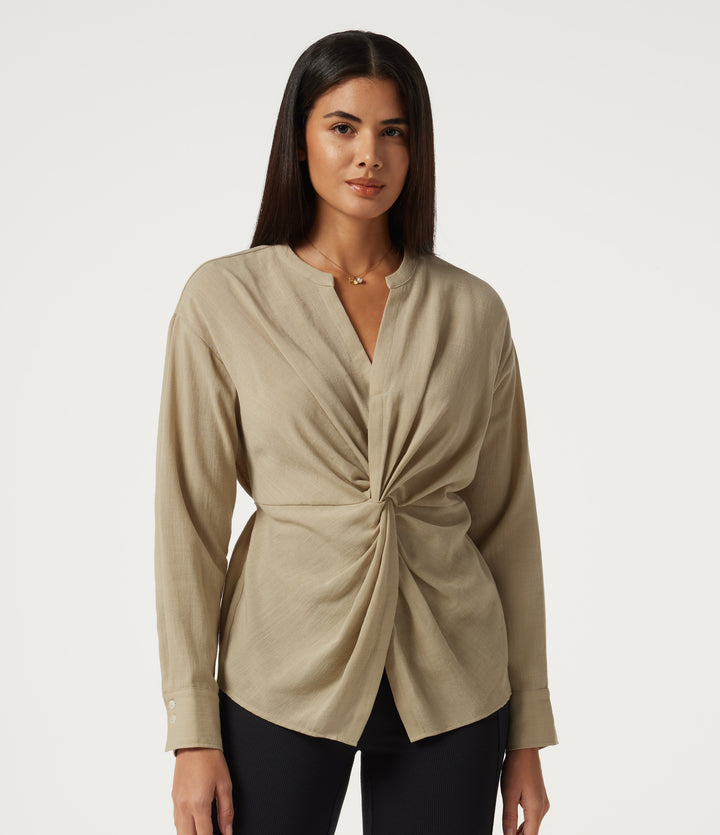 V Neck Twisted Long Sleeve Tie Back Casual Linen-Feel Blouse — Fields of Rye — view 1