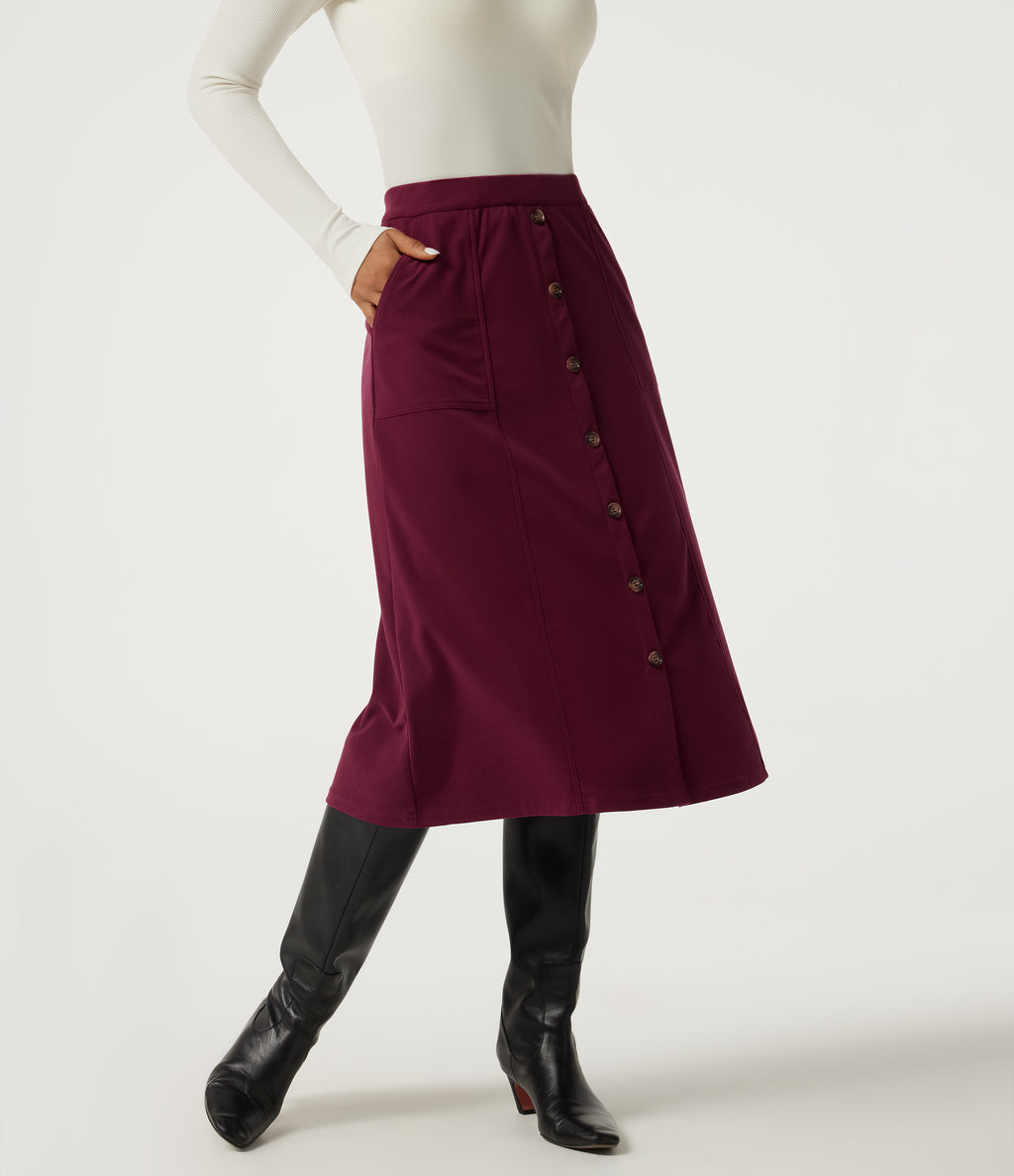 High Waisted A-Line Corduroy Midi Casual Skirt with Pockets — Pomegranate — view 4