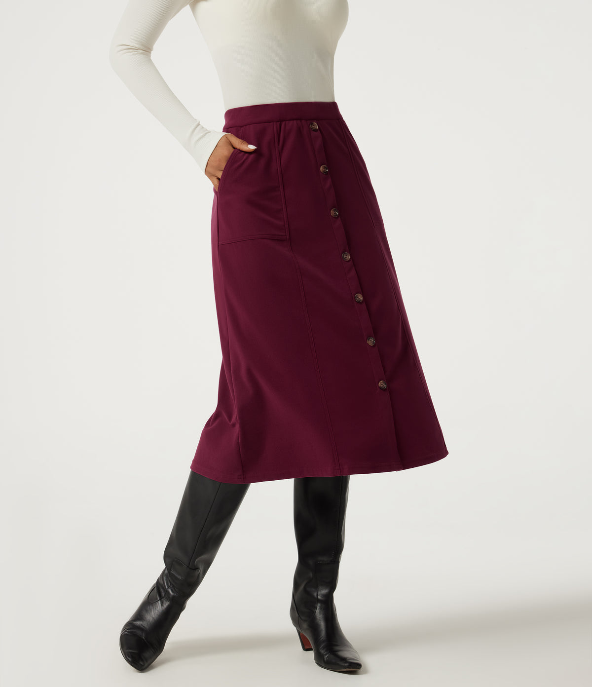 High Waisted A-Line Corduroy Midi Casual Skirt with Pockets — Pomegranate — view 4