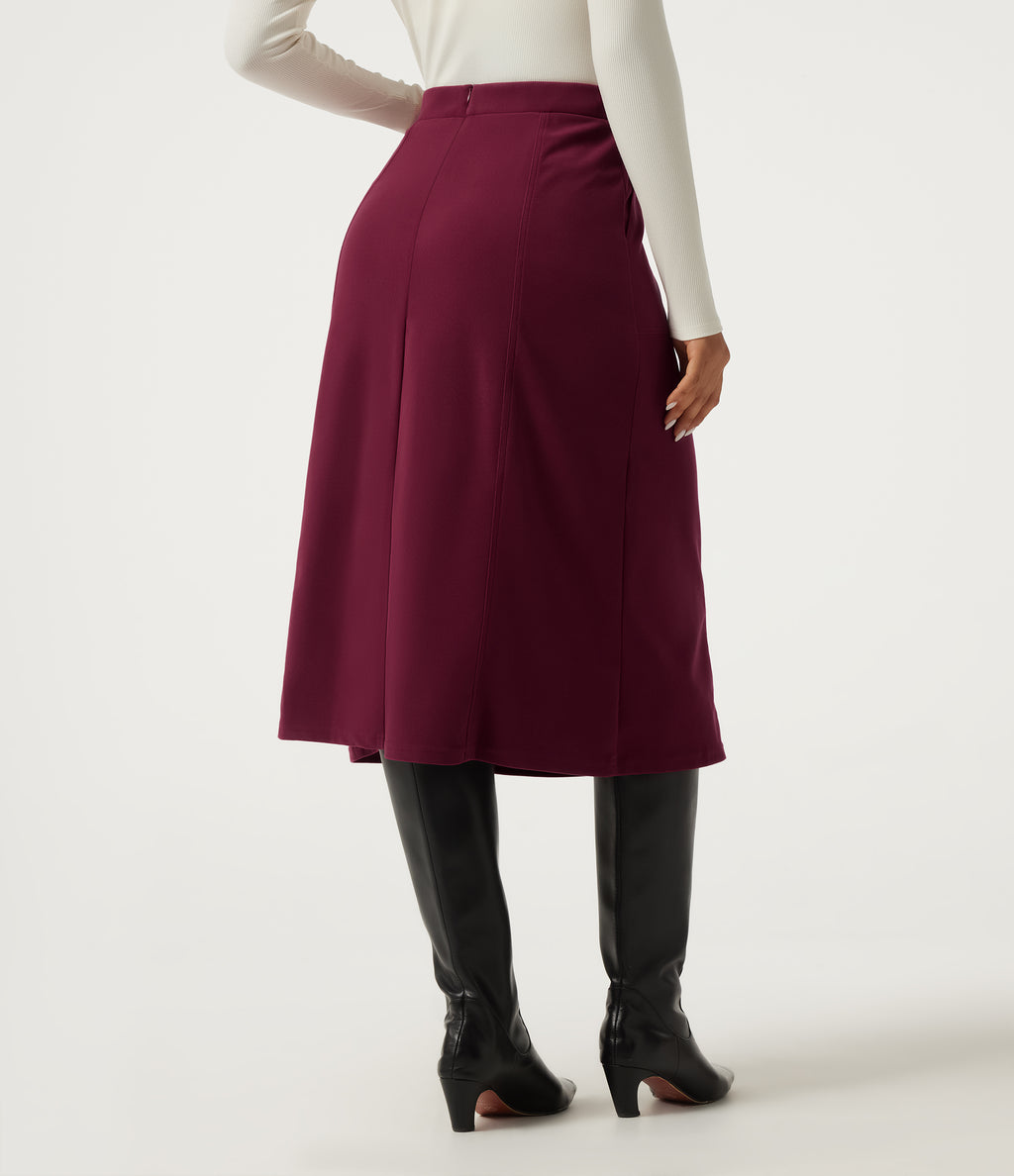 High Waisted A-Line Corduroy Midi Casual Skirt with Pockets — Pomegranate — view 2