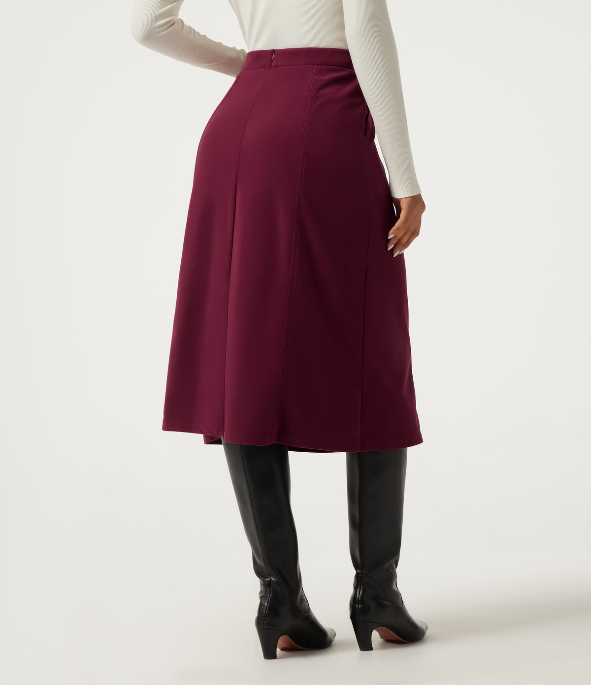 High Waisted A-Line Corduroy Midi Casual Skirt with Pockets — Pomegranate — view 2