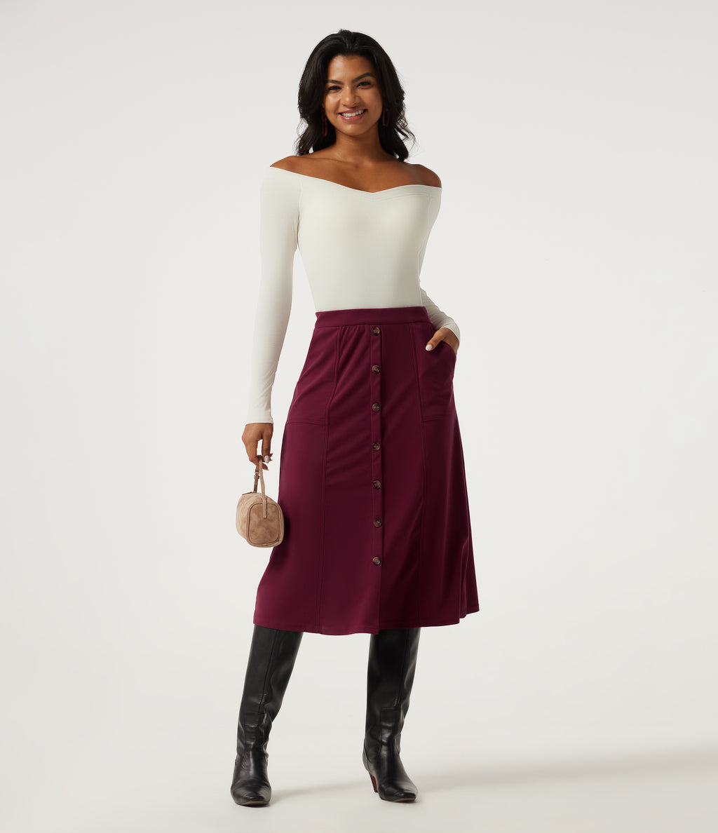High Waisted A-Line Corduroy Midi Casual Skirt with Pockets — Pomegranate — view 5