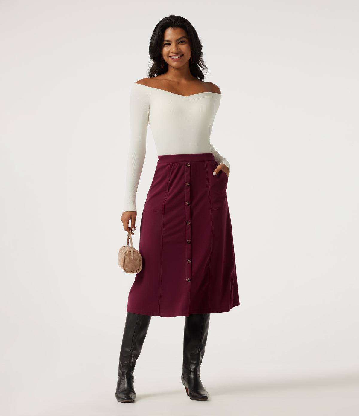 High Waisted A-Line Corduroy Midi Casual Skirt with Pockets — Pomegranate — view 5