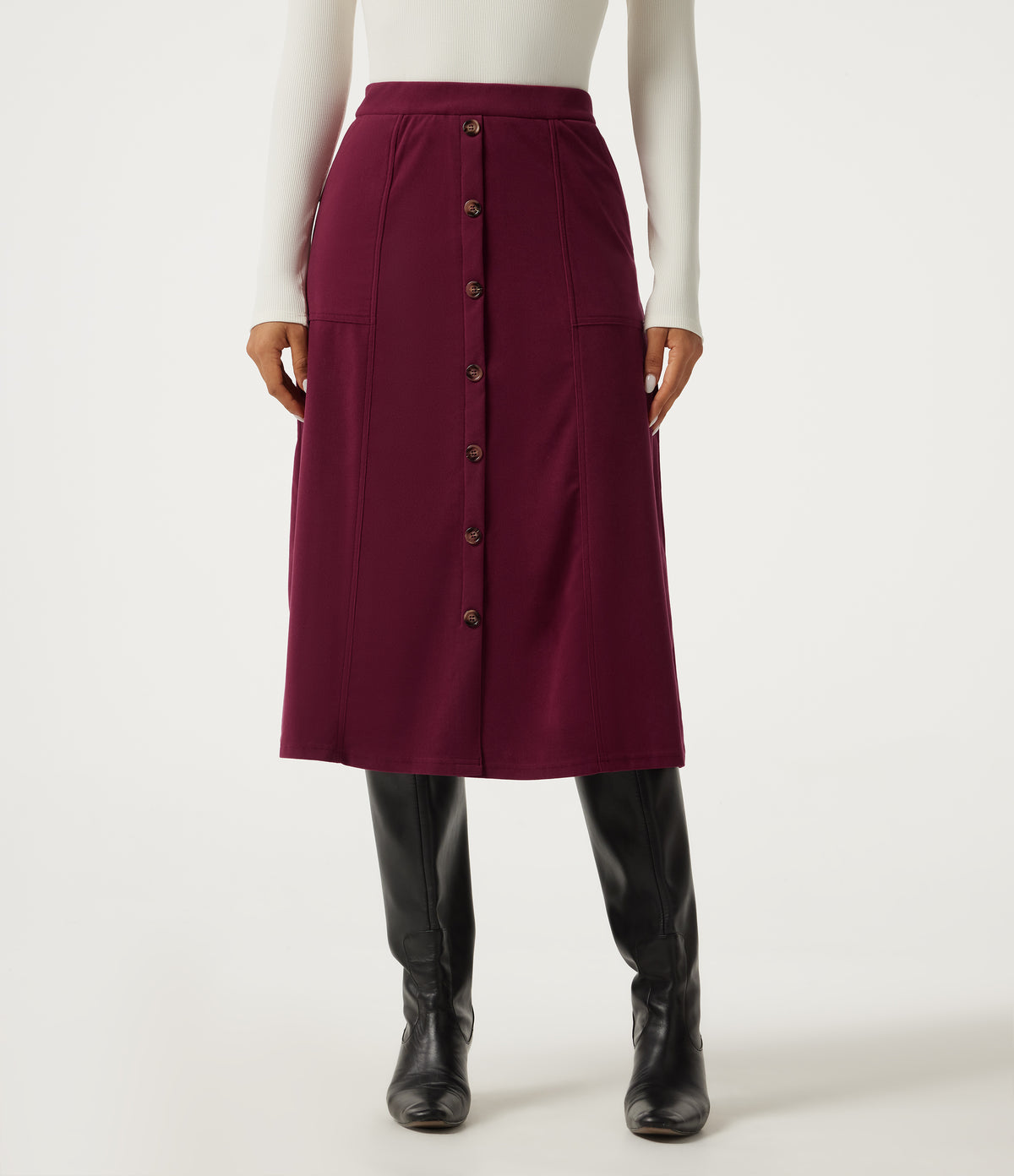 High Waisted A-Line Corduroy Midi Casual Skirt with Pockets — Pomegranate — view 1