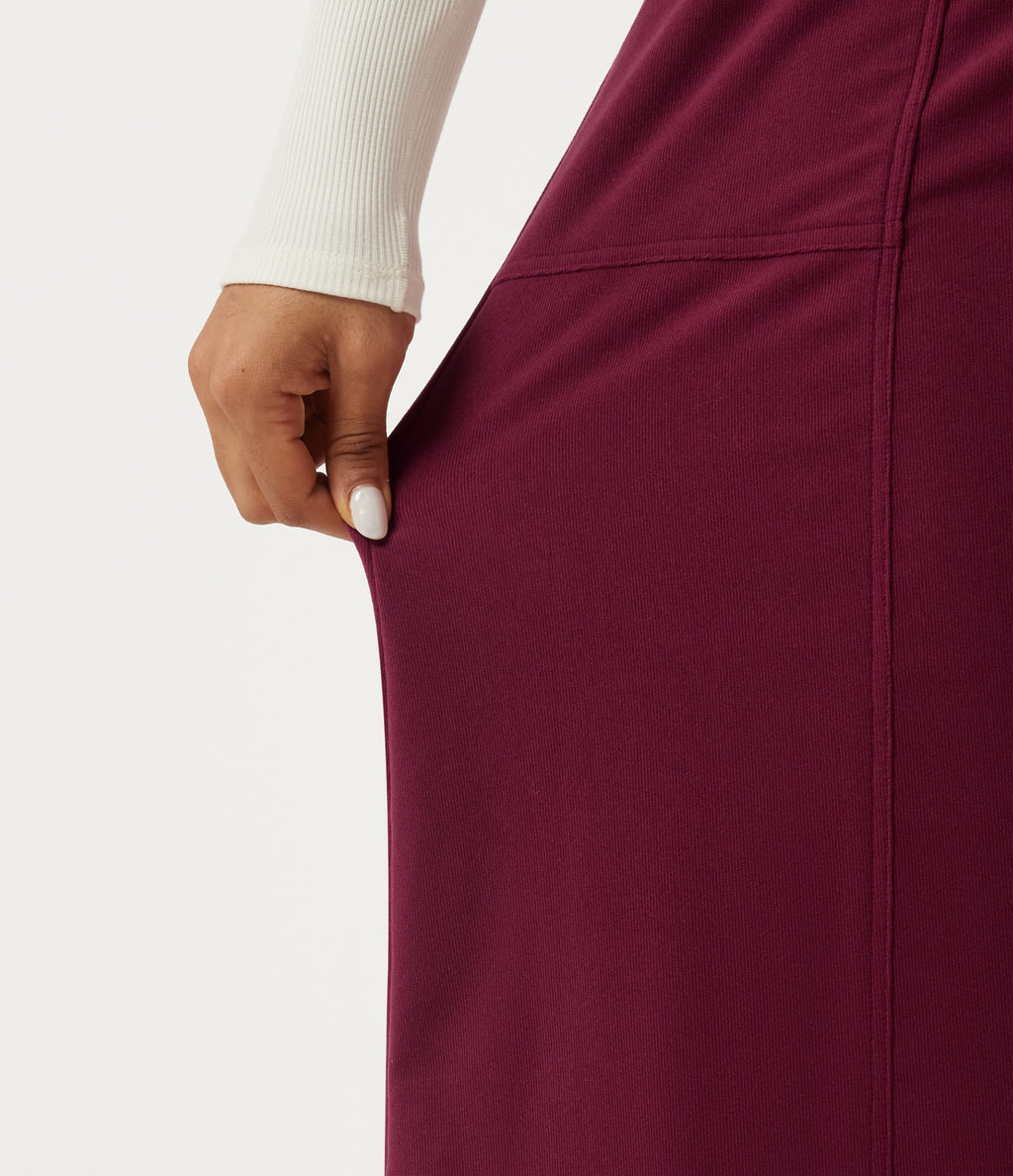 High Waisted A-Line Corduroy Midi Casual Skirt with Pockets — Pomegranate — view 7