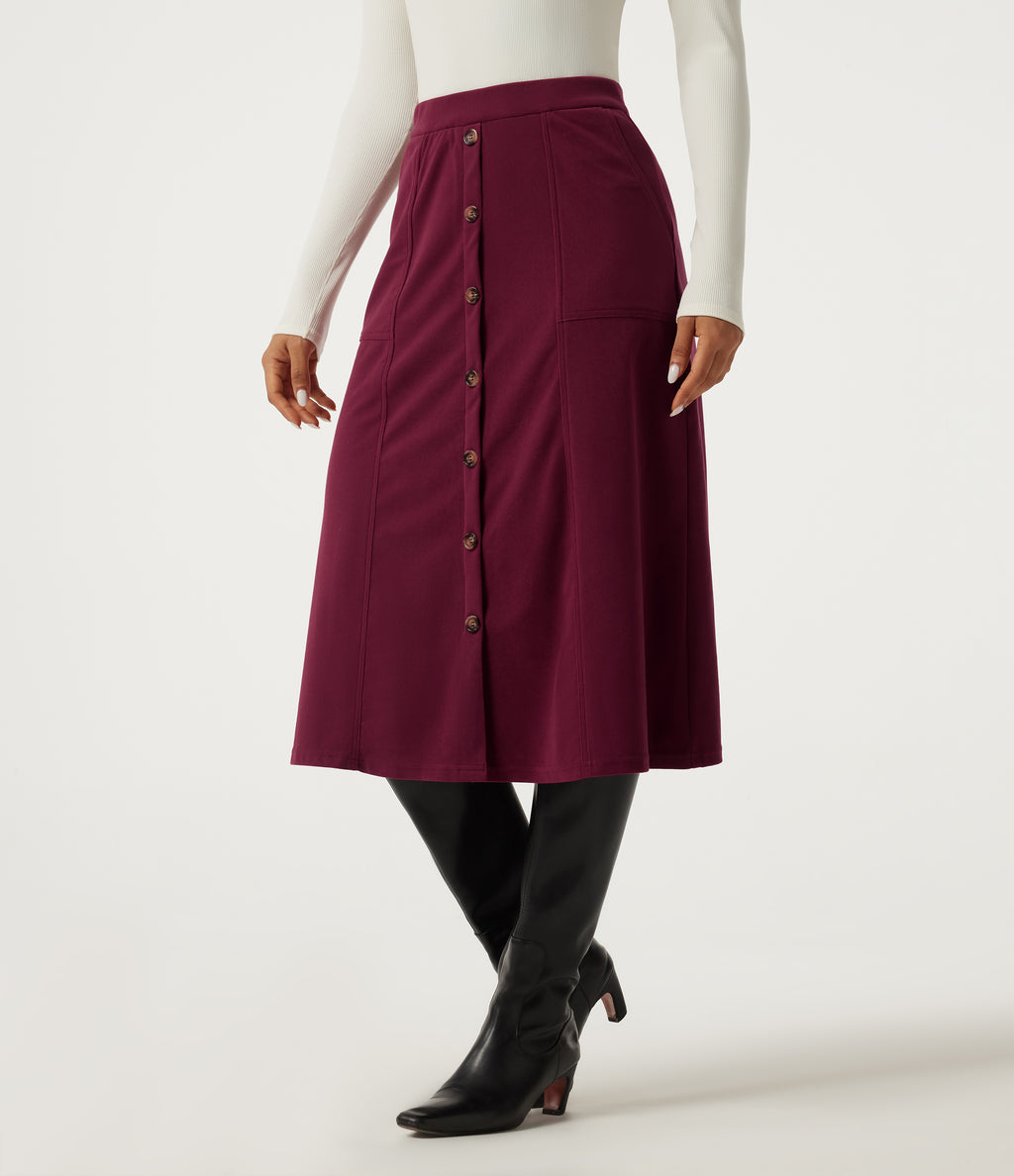 High Waisted A-Line Corduroy Midi Casual Skirt with Pockets — Pomegranate — view 3