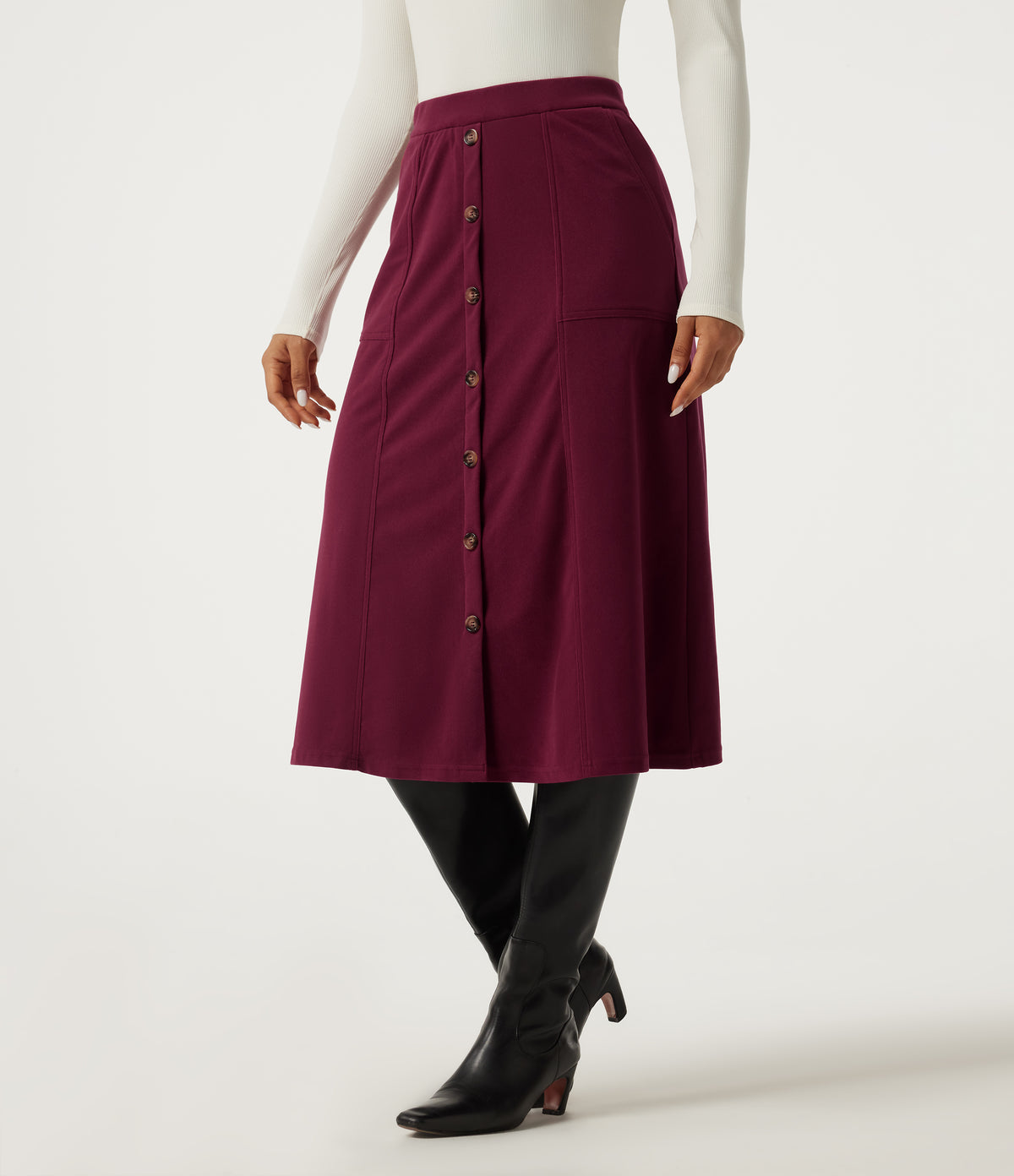 High Waisted A-Line Corduroy Midi Casual Skirt with Pockets — Pomegranate — view 3