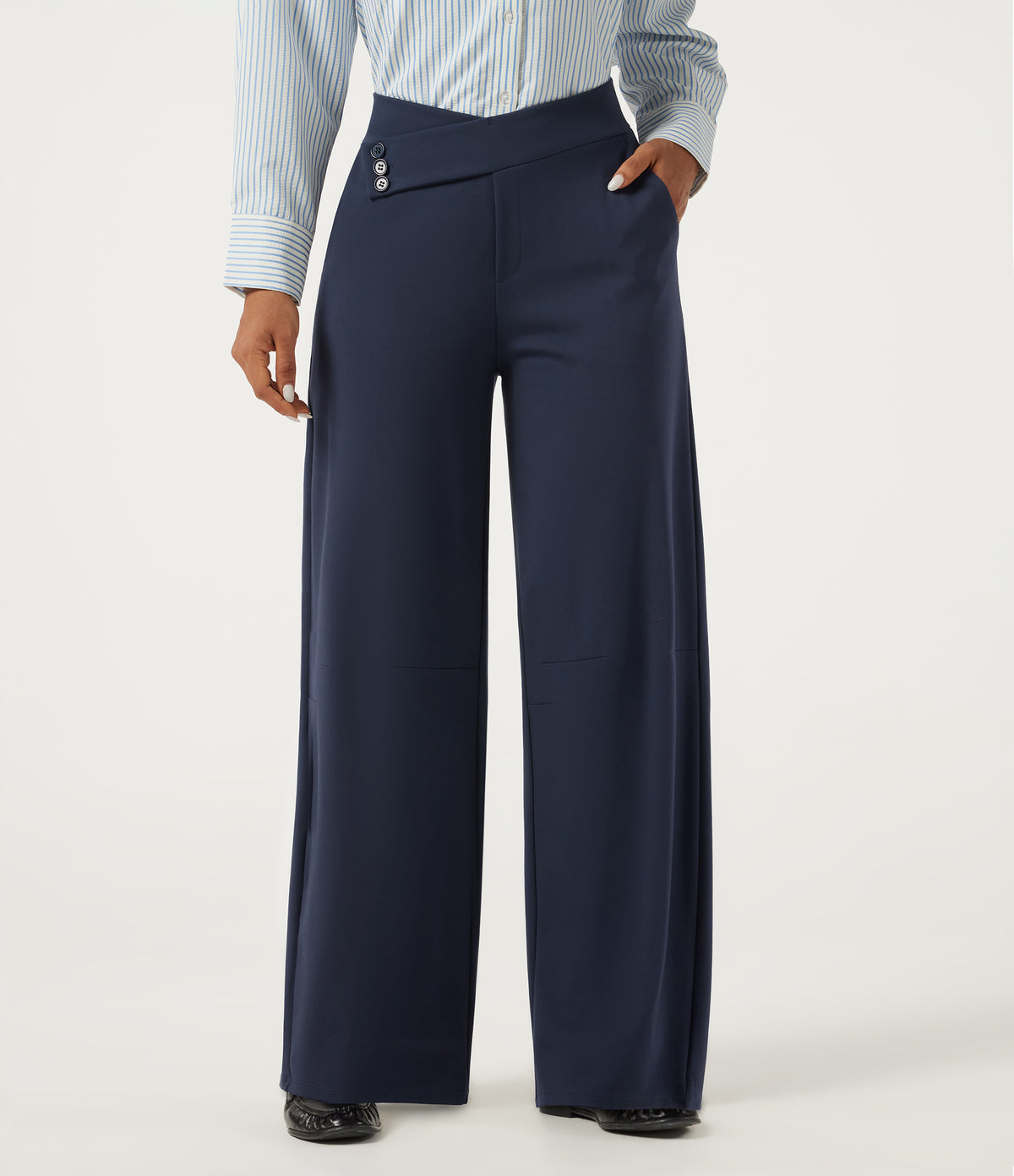 Mid Rise Crisscross Barrel Leg Work Trousers with Pockets — Dress Blues — view 1