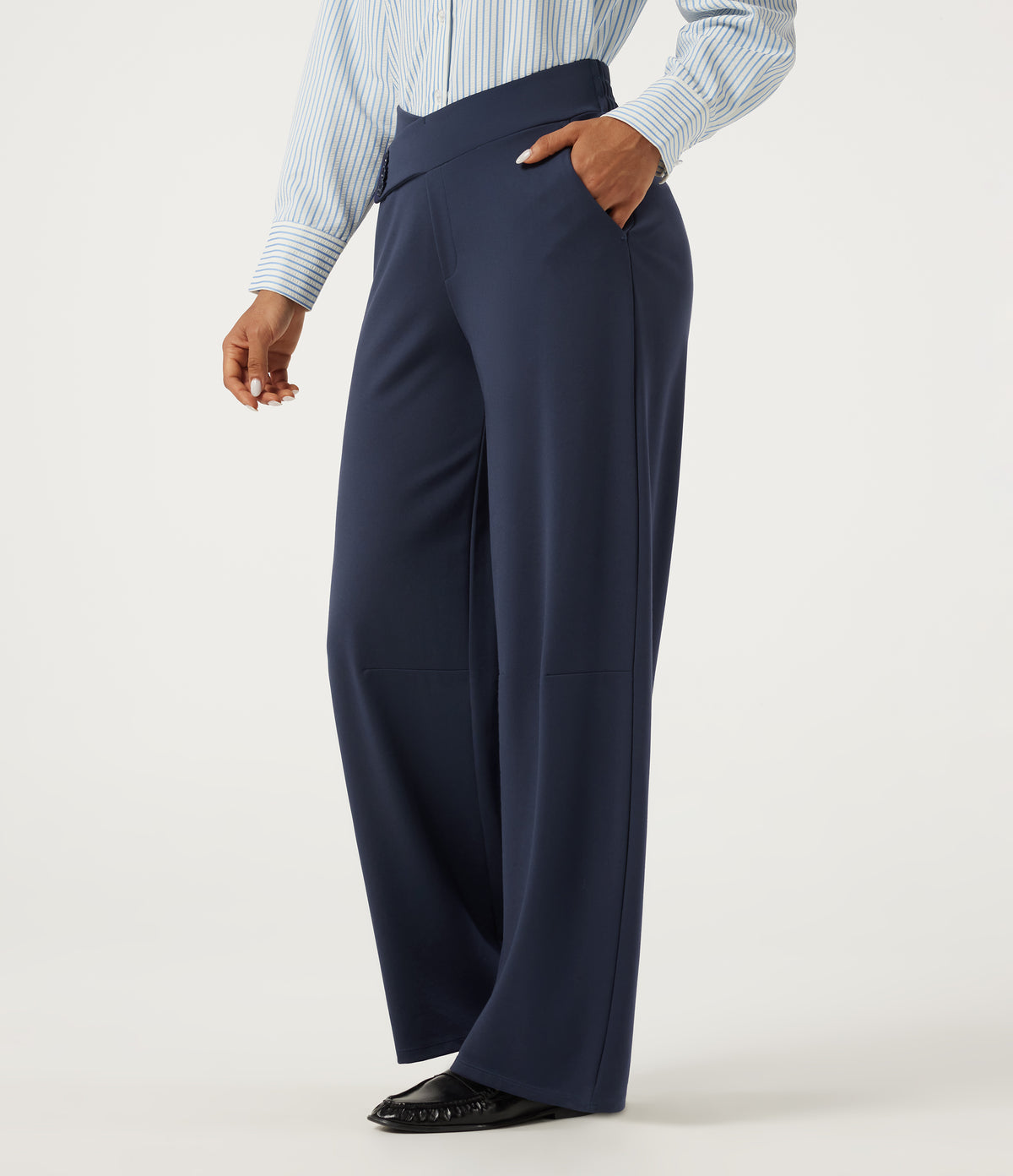 Mid Rise Crisscross Barrel Leg Work Trousers with Pockets — Dress Blues — view 3