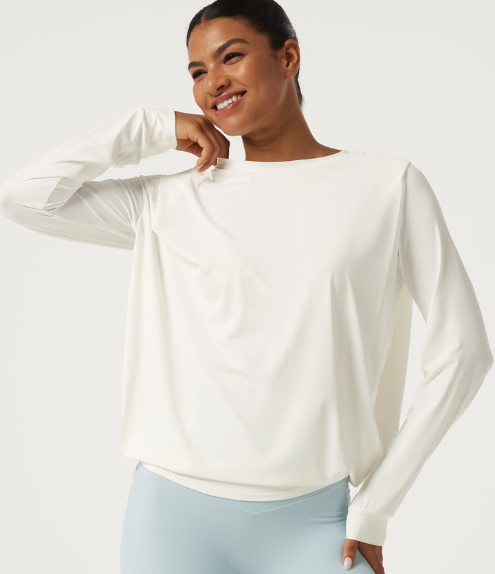 Round Neck InstantCool Quick Dry Long Sleeve Boxy Yoga Sports Top — White — view 1