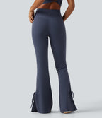 High Waisted Lace Up Flare Yoga Leggings with Pockets — Mood Indigo — view 2