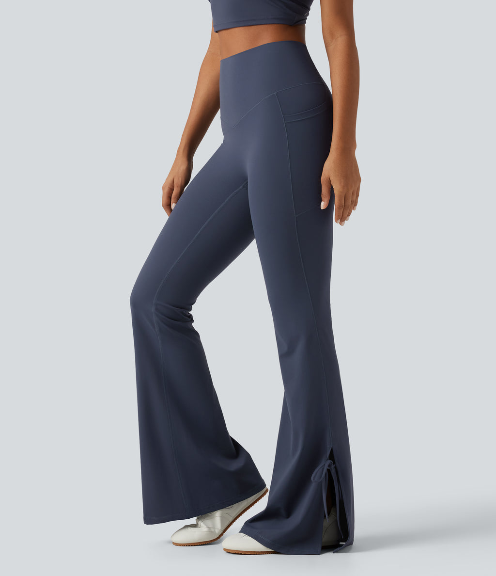 High Waisted Lace Up Flare Yoga Leggings with Pockets — Mood Indigo — view 3