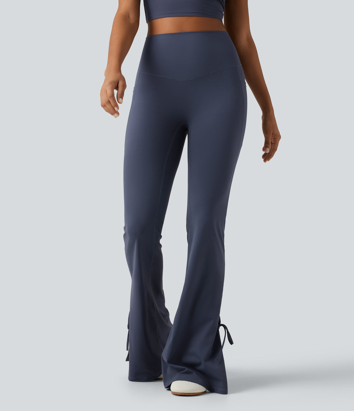 High Waisted Lace Up Flare Yoga Leggings with Pockets — Mood Indigo — view 1